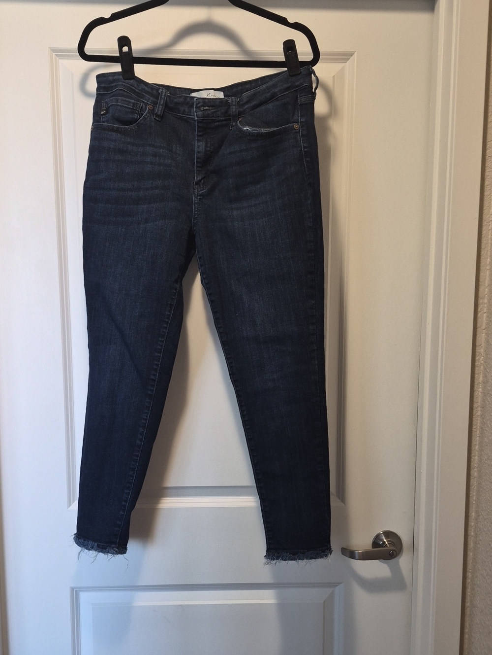 KanCan Dark Blue Cropped Skinny Jeans with Frayed Hem